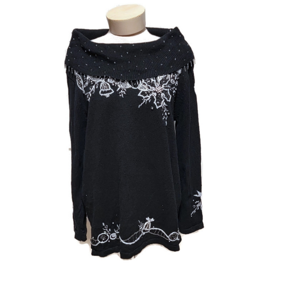 Designer Original Studio Joy Black Beaded Ugly Christmas Sweater Size L …